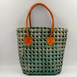 Sage green wicker woven braided shoulder bag tote purse leather handles